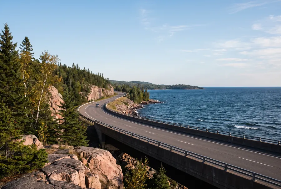 Generated scene: an empty two-lane highway curving along a rocky lakeshore with pines and birches under a clear sky; not a specific road.